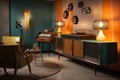 retro room with repurposed vintage pieces, modern lighting and sleek design