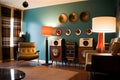 retro room with repurposed vintage pieces, modern lighting and sleek design