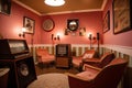 retro room with vintage pin-up girls, record players, and cozy chairs