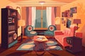 retro room with vintage pin-up girls, record players, and cozy chairs