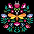 Scandinavian folk flowers vector design, cute spirng floral pattern with bugs, ladybird and fly inspired by traditional embroidery Royalty Free Stock Photo