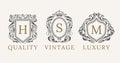 Retro Royal Vintage Shields Logotype set. Vector calligraphyc Luxury logo design elements. Business signs, logos