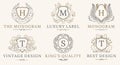 Retro Royal Vintage Shields Logotype set. Vector calligraphyc Luxury logo design elements. Business signs, logos