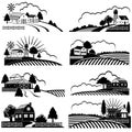 Retro rural landscapes with farm building in field. Vector vintage woodcut art Royalty Free Stock Photo