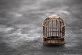 Retro rusty cage on dark wooden background