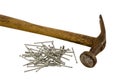 Retro rusty hammer nails pile isolated Royalty Free Stock Photo