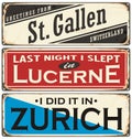 Retro rusty tin sign collection with Switzerland city names