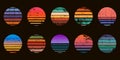 Retro 90s abstract ocean sunset circle badges. Surf beach graphic sunrise with gradient and grunge texture. Neon vintage Royalty Free Stock Photo