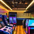 A retro 80s arcade room with neon wall art, vintage arcade cabinets, and a disco ball3, Generative AI Royalty Free Stock Photo