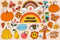 Retro 70s autumn vibe, hippie stickers, psychedelic groovy elements. Cartoon funky autumn leaves, mushrooms, pumpkins Royalty Free Stock Photo