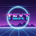Retro Wave 80s Neon Text Circle Over Mountain Landscape, Synthwave Vibes, cyber monday, cyber monday shoping, black frid Royalty Free Stock Photo