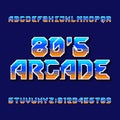 Retro 80s computer game alphabet font. Digital pixel gradient letters and numbers.