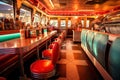 Retro 1950s diner, complete with neon lights, jukeboxes, and chrome accents, serving classic American comfort food like burgers, Royalty Free Stock Photo