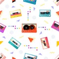 Retro 80s funky cassette. Seamless pattern. 70s music tape, vintage pop art and graphic print, audio fun mix. Decor