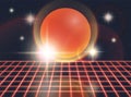 Retro 80s Futuristic Deep Space Design. Red Laser Grid and Red Sphere