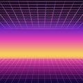 Retro 80s futuristic design. Neon sunset background with grids
