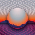 Sunset, mountains on the horizon and chrome globe between laser grids at front