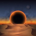 Retro 80s futuristic landscape. Sunset of a black sun over desert