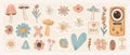 Retro 70s groovy elements, cute funky hippy stickers. Daisy flowers, mushrooms, peace sign, heart, radio. Positive Royalty Free Stock Photo