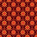 Retro 70s Groovy Flowers seamless pattern in yellow, orange and red on vintage geometric scales Royalty Free Stock Photo