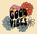 Retro 70s hippie flowers illustratoin. Psychedelic groovy style cute summer floral print Royalty Free Stock Photo