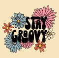 Retro 70s hippie flowers illustratoin. Psychedelic groovy style cute summer floral print Royalty Free Stock Photo