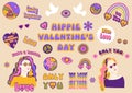 Retro 70s hippie girl. Psychedelic groovy stickers for Happy Valentines Day. Set with peace, love sign. With Love, Only Royalty Free Stock Photo
