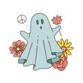 Retro 70s 60s Hippie Groovy Halloween Ghost in bedsheet holding flowers isolated on white. Flower power peace sign spook