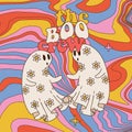 Retro 70s 60s Hippie Groovy Halloween greeting card with two Ghosts and quote text - the boo crew. Flower power floral