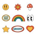 Retro 70s hippie groovy stickers, vector