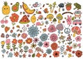 Retro 70s hippie kids illustratoin set. Psychedelic groovy style fruit and flower summer clip art.