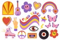 Retro 70s, hippie sticker objects set, psychedelic trippy groovy elements for t-shirts. Cartoon funky vintage hippy Royalty Free Stock Photo