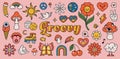 Retro 70s hippie stickers, psychedelic groovy elements. Cartoon funky mushrooms, flowers, rainbow, vintage hippy style