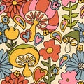 Retro 70s hippie vibrant summer seamless pattern. Floral and mushroom print.