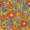 Retro 70s hippie vibrant summer seamless pattern. Floral print.