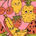 Retro 70s hippie vibrant summer seamless pattern. Fruit print.