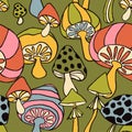 Retro 70s hippie vibrant summer seamless pattern. Mushroom print.
