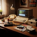 Retro 1980s home computer setup with vintage technology items Royalty Free Stock Photo