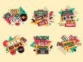 Retro 90s labels. Colored badges vintage old school style fashion elements musical boombox for pop music 80s abstract Royalty Free Stock Photo