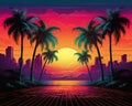 The retro 80s neon background has palm trees and is reminiscent of a bygone era. Royalty Free Stock Photo