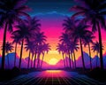 The retro 80s neon background has palm trees and is reminiscent of a bygone era. Royalty Free Stock Photo
