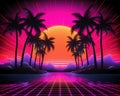 The retro 80s neon background has palm trees and is reminiscent of a bygone era. Royalty Free Stock Photo