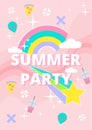 Retro 90s pastel goth sticker icon summer party poster decorate with alien pizza rainbow and star on pastel pink background Royalty Free Stock Photo
