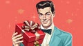 Retro 1960& x27;s postcard of man in blue suit, with red gift box wrapped in ribbon in his hands on red starry background