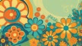 Retro 70s poster art featuring trippy LSD patterns and flower power motifs in shades of orange, yellow, green and pale blue. Royalty Free Stock Photo