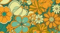 Retro 70s poster art featuring trippy LSD patterns and flower power motifs in shades of orange, yellow, green and pale blue. Royalty Free Stock Photo
