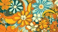 Retro 70s poster art featuring trippy LSD patterns and flower power motifs in shades of orange, yellow, green and pale blue. Royalty Free Stock Photo