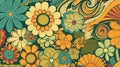 Retro 70s poster art featuring trippy LSD patterns and flower power motifs in shades of orange, yellow, green and pale blue. Royalty Free Stock Photo