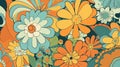 Retro 70s poster art featuring trippy LSD patterns and flower power motifs in shades of orange, yellow, green and pale blue. Royalty Free Stock Photo