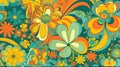 Retro 70s poster art featuring trippy LSD patterns and flower power motifs in shades of orange, yellow, green and pale blue. Royalty Free Stock Photo